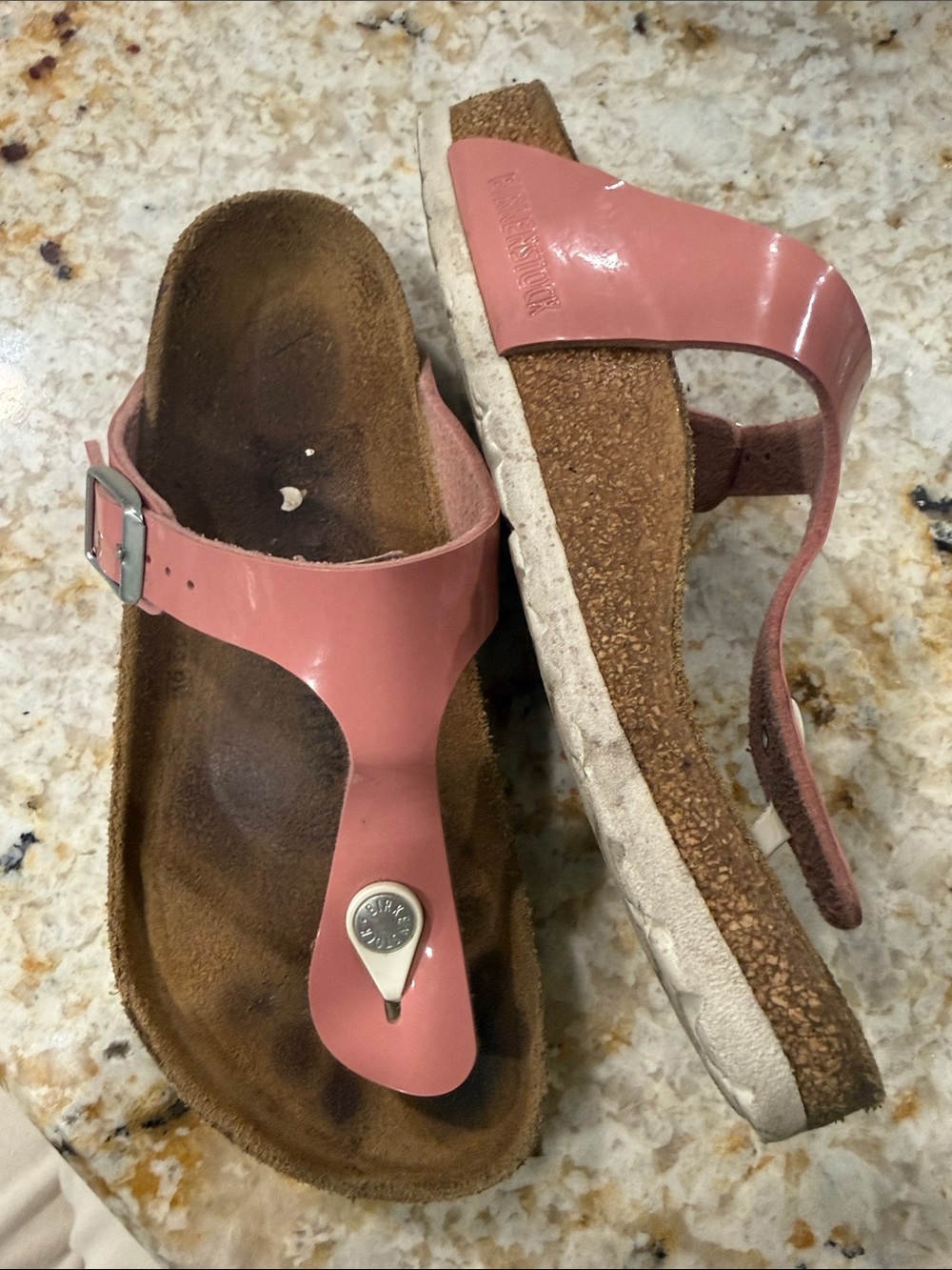 Birkenstock Patent Pink Thong Sandals with Cork Footbed